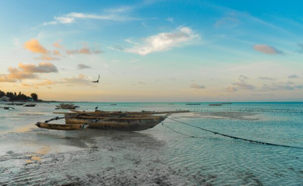 Idyllic Zanzibar beach in Tanzania, featuring calm turquoise waters lapping at white sands, with traditional wooden boats anchored near the shore under a vibrant blue sky dotted with fluffy clouds.
