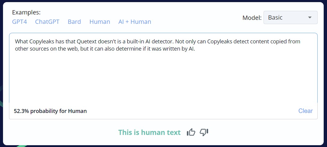 Copyleaks detecting AI-written content.