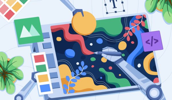 Robot arms representing the use of AI are adding artistic elements to a web page